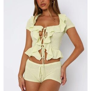 White Fox Boutique Cool It Crochet Top and Shorts Set Lime Green NWT Small